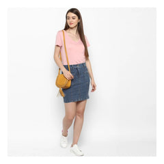 Mayawye Women's Denim Front Pocket Buttoned Skirt (Blue)
