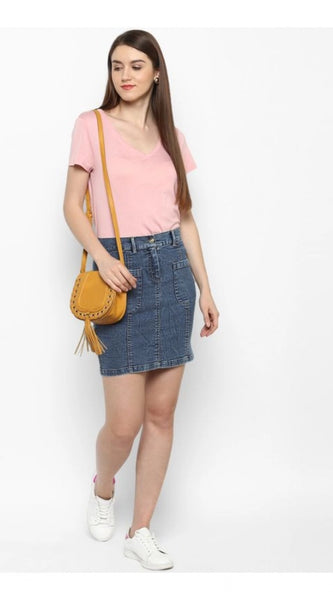 Mayawye Women's Denim Front Pocket Buttoned Skirt (Blue)
