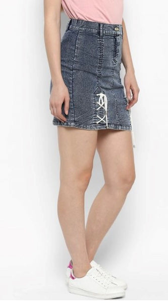 Mayawye Women's Denim Tie Up Buttoned Skirt (Blue)