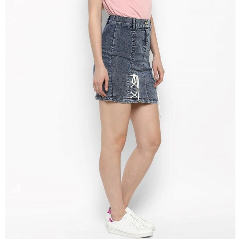 Mayawye Women's Denim Tie Up Buttoned Skirt (Blue)