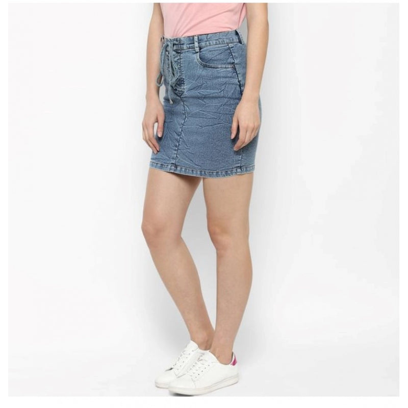 Mayawye Women's Denim Draw String Buttoned Skirt (Blue)