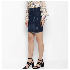 Mayawye Women's Denim Distressed Buttoned Skirt (Blue)