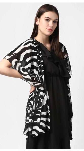 Mayawye Women's Polyester Printed Short Sleeve Shrug (Black)