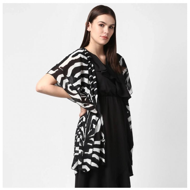 Mayawye Women's Polyester Printed Short Sleeve Shrug (Black)