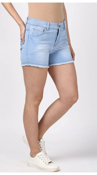Mayawye Women's Denim Solid Buttoned Shorts (Blue)