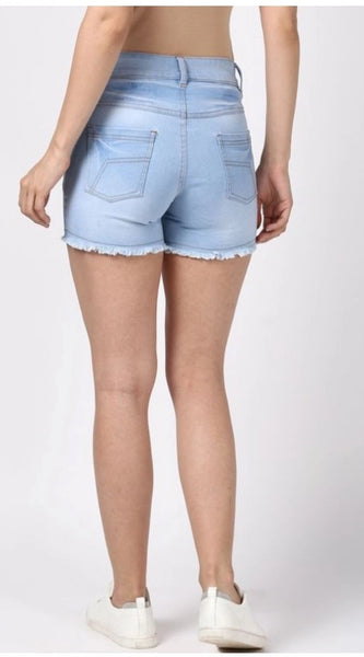 Mayawye Women's Denim Solid Buttoned Shorts (Blue)