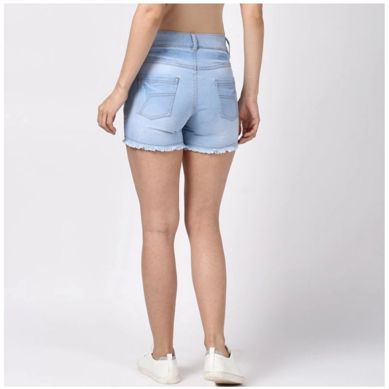 Mayawye Women's Denim Solid Buttoned Shorts (Blue)