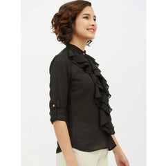 Mayawye Women's Polyester Ruffled Long Sleeves Standard Length Shirt (Black)