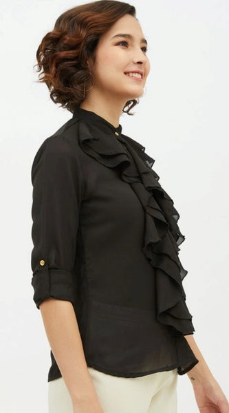 Mayawye Women's Polyester Ruffled Long Sleeves Standard Length Shirt (Black)