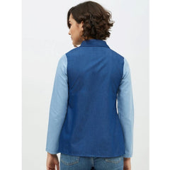Mayawye Women's Denim Patch Work Long Sleeves Standard Length Shirt (Blue)