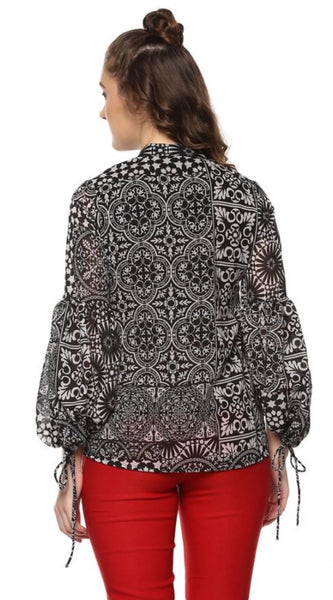 Mayawye Women's Polyester Printed Balloon Sleeve Top (Black - White)