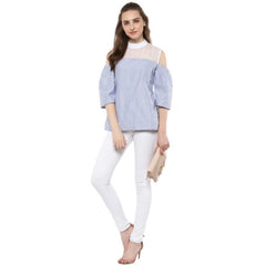 Mayawye Women's Cotton Striped Cold Shoulder Top (Blue)