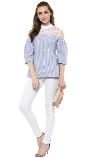 Mayawye Women's Cotton Striped Cold Shoulder Top (Blue)