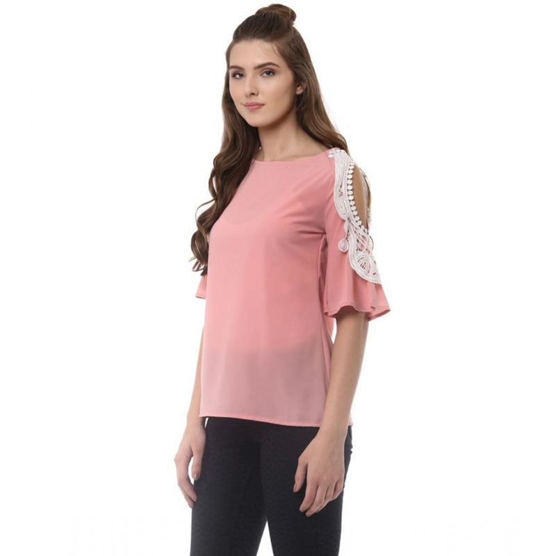 Mayawye Women's Polyester Lace Inserts Half Sleeve Top (Pink)