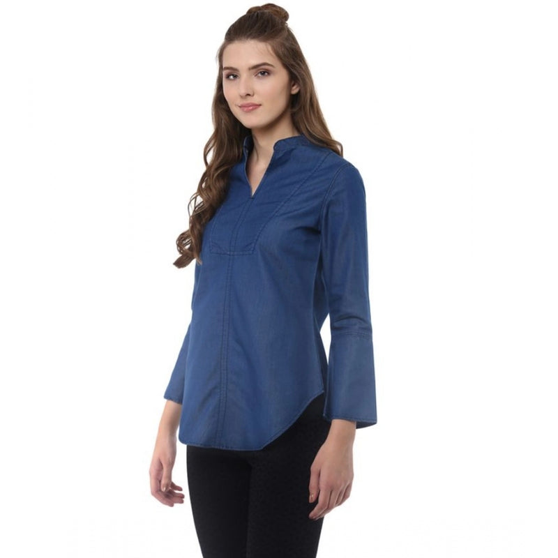 Mayawye Women's Denim Solid Bell Sleeve Regular Top (Blue Denim)