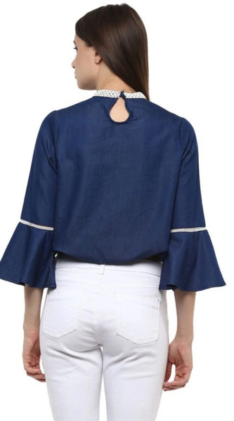 Mayawye Women's Polyester Solid Bell Sleeve Regular Top (Blue)