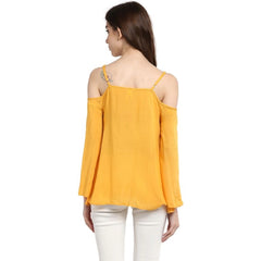 Mayawye Women's Rayon Embellished Cold Shoulder Regular Top (Mustard Yellow)
