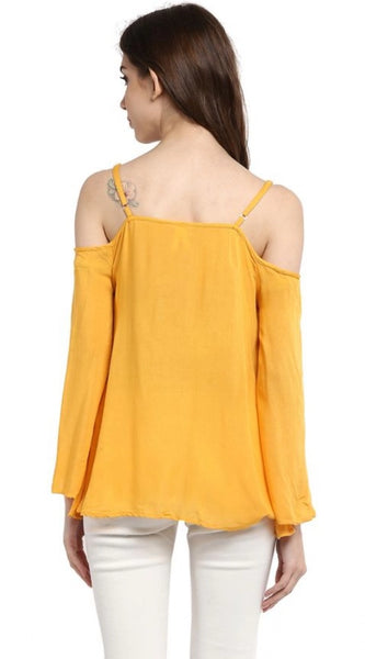 Mayawye Women's Rayon Embellished Cold Shoulder Regular Top (Mustard Yellow)