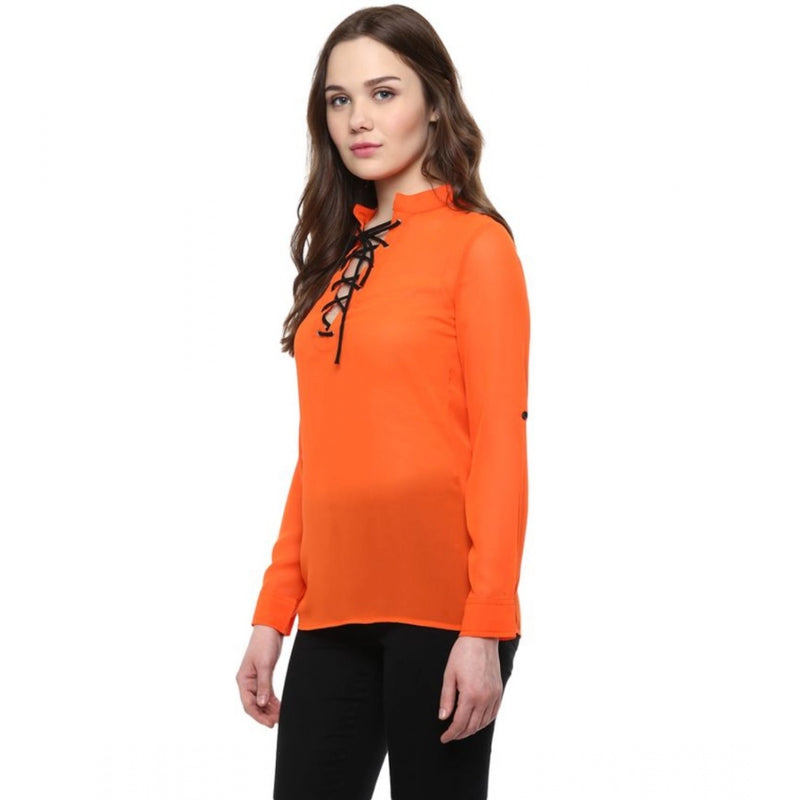 Mayawye Women's Polyester Solid Long Sleeves Regular Top (Orange)