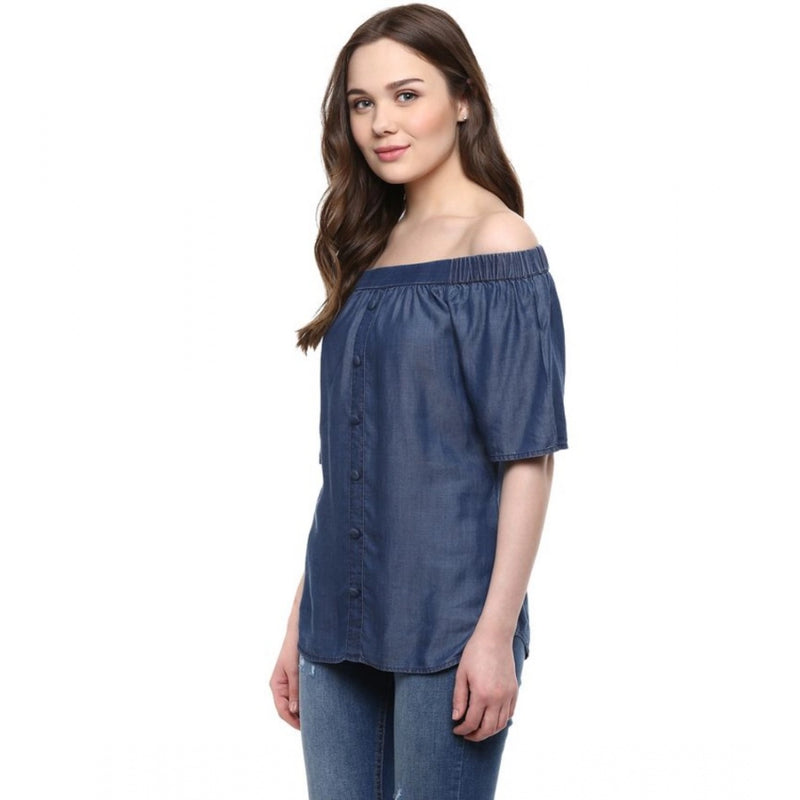 Mayawye Women's Denim Solid Short Sleeve Regular Top (Blue)