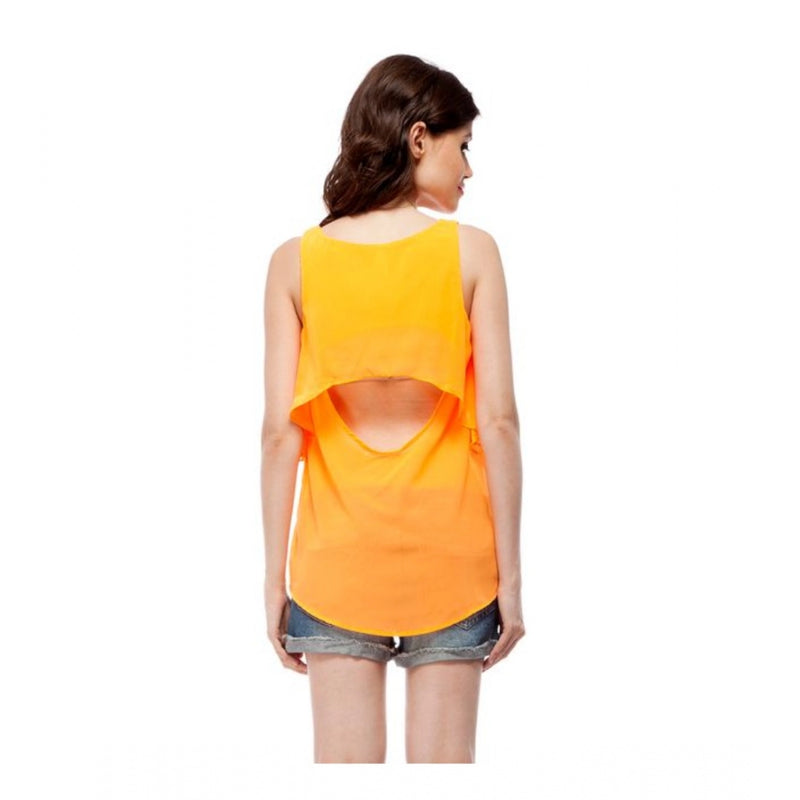 Mayawye Women's Polyester Solid Sleeveless Regular Top (Orange)