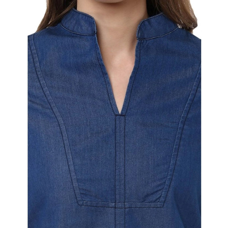 Mayawye Women's Denim Solid Bell Sleeve Regular Top (Blue Denim)