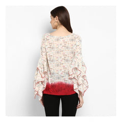 Mayawye Women's Rayon Crepe Printed Ruffle Sleeve Top (Off White - Red)