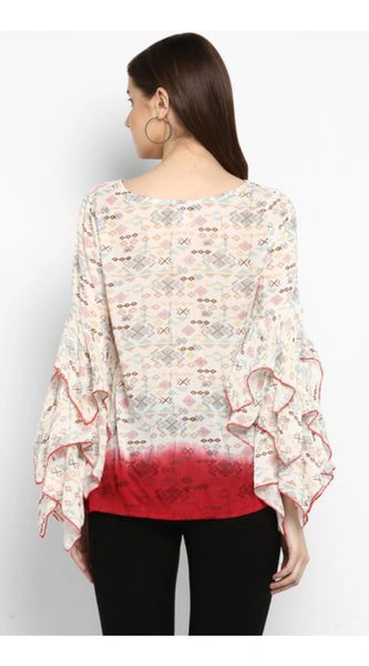 Mayawye Women's Rayon Crepe Printed Ruffle Sleeve Top (Off White - Red)