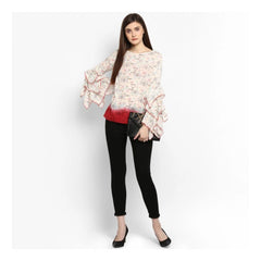 Mayawye Women's Rayon Crepe Printed Ruffle Sleeve Top (Off White - Red)