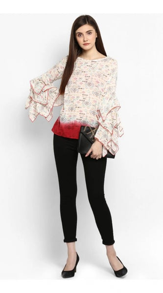 Mayawye Women's Rayon Crepe Printed Ruffle Sleeve Top (Off White - Red)