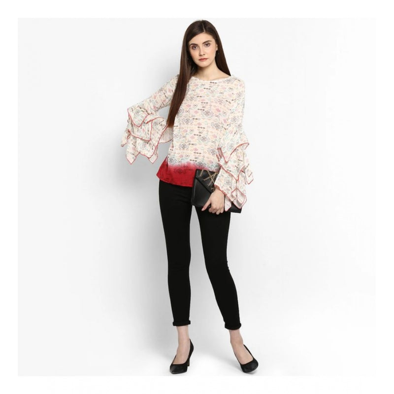 Mayawye Women's Rayon Crepe Printed Ruffle Sleeve Top (Off White - Red)