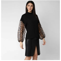 Mayawye Women's Polyester Animal Print Long Sleeves Top (Black)