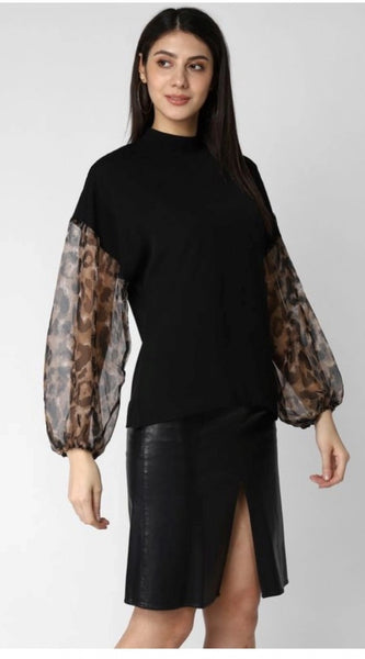 Mayawye Women's Polyester Animal Print Long Sleeves Top (Black)