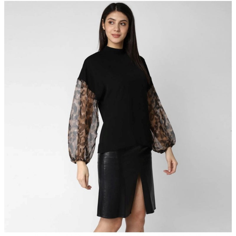 Mayawye Women's Polyester Animal Print Long Sleeves Top (Black)