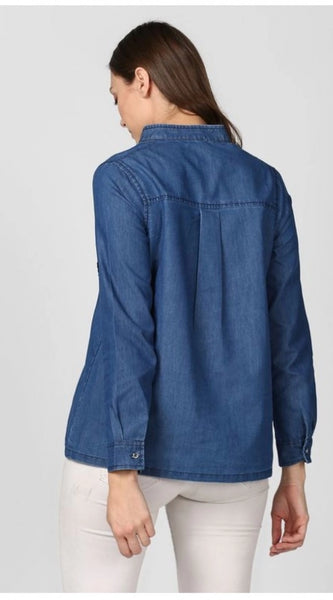 Mayawye Women's Denim Solid Long Sleeves Top (Blue)
