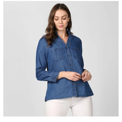 Mayawye Women's Denim Solid Long Sleeves Top (Blue)
