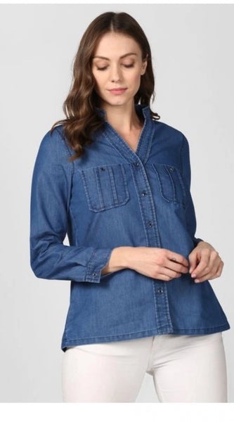 Mayawye Women's Denim Solid Long Sleeves Top (Blue)