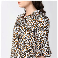 Mayawye Women's Polyester Animal Print Bell Sleeve Top (Orange - Black)