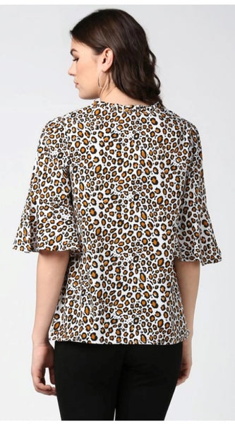 Mayawye Women's Polyester Animal Print Bell Sleeve Top (Orange - Black)