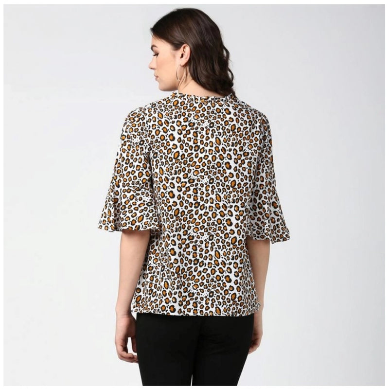 Mayawye Women's Polyester Animal Print Bell Sleeve Top (Orange - Black)