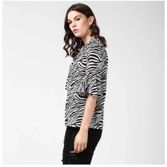 Mayawye Women's Polyester Animal Print Bell Sleeve Top (Black - White)