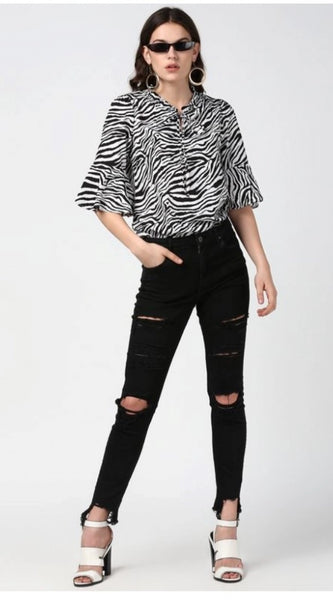 Mayawye Women's Polyester Animal Print Bell Sleeve Top (Black - White)