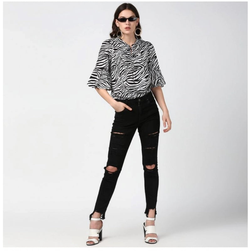 Mayawye Women's Polyester Animal Print Bell Sleeve Top (Black - White)