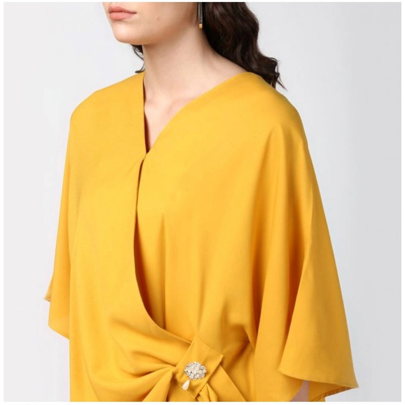 Mayawye Women's Polyester Solid Cape Sleeve Top (Yellow)