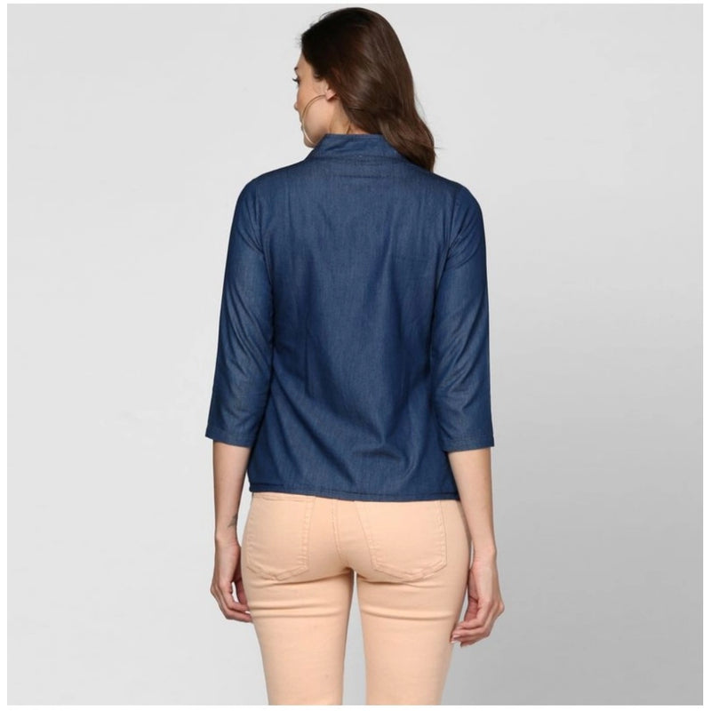 Mayawye Women's Denim Solid 3-4th Sleeves Top (Blue)