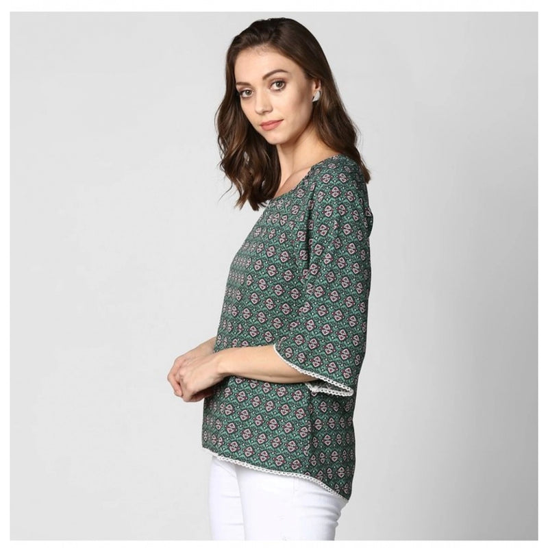 Mayawye Women's Polyester Printed 3-4th Sleeves Top (Green)