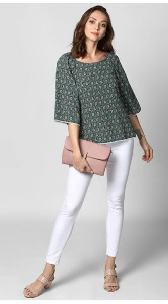 Mayawye Women's Polyester Printed 3-4th Sleeves Top (Green)