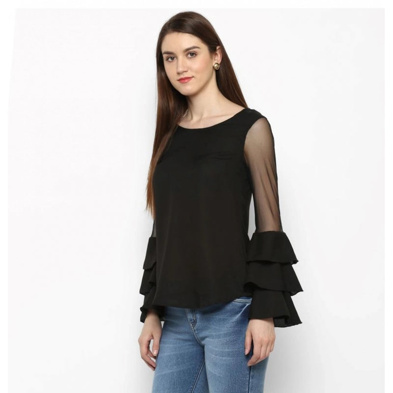 Mayawye Women's Polyester Solid Tier Sleeve Top (Black)
