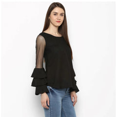 Mayawye Women's Polyester Solid Tier Sleeve Top (Black)