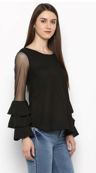 Mayawye Women's Polyester Solid Tier Sleeve Top (Black)